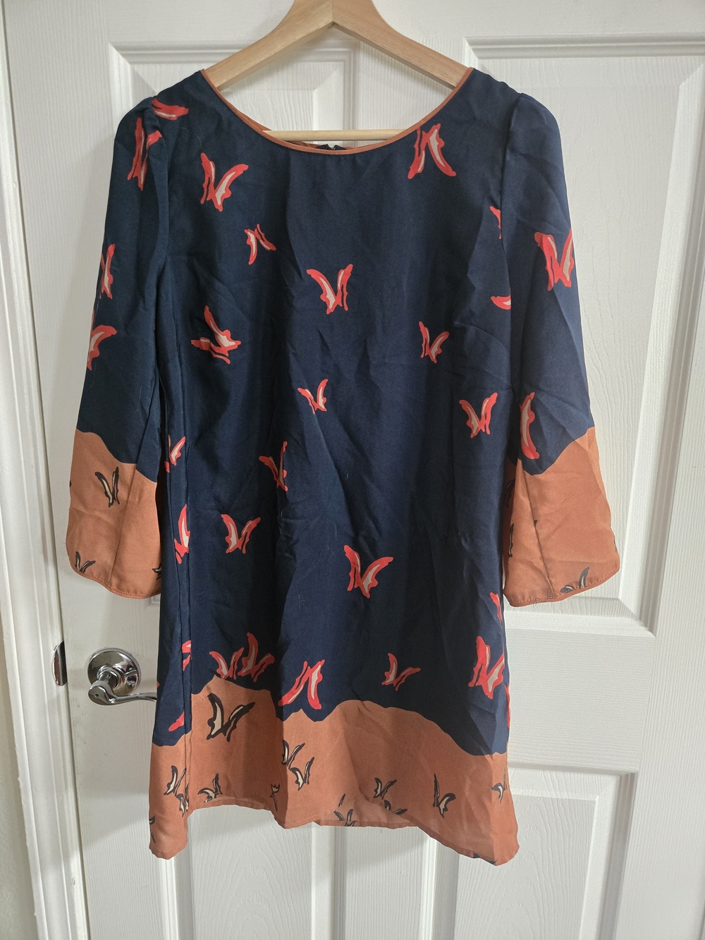 Forever 21 Navy Blue Floral Mod Dress with Rust Trim- Medium